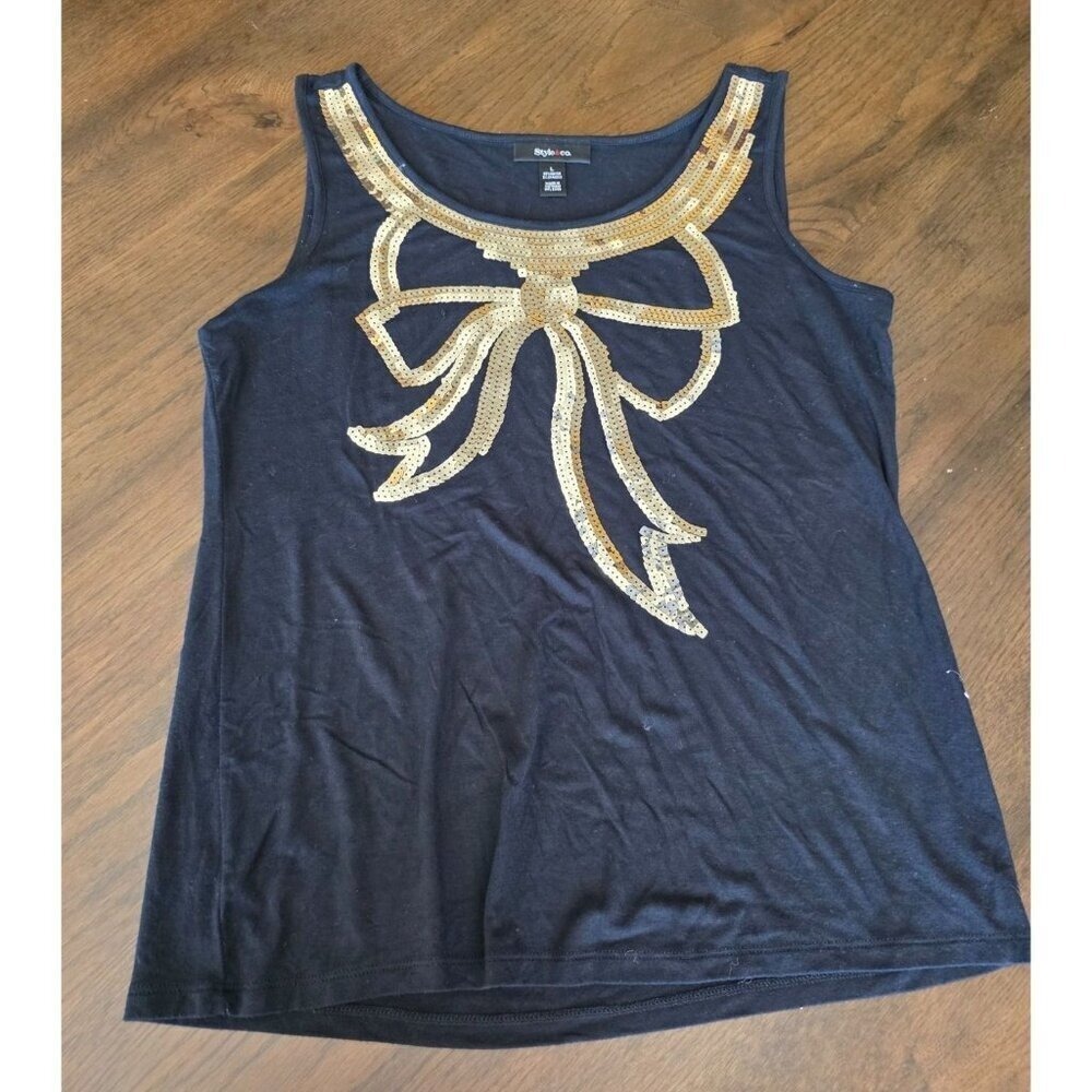 Style & Co Black Tank Top With Gold Sequin Bow‎ Design